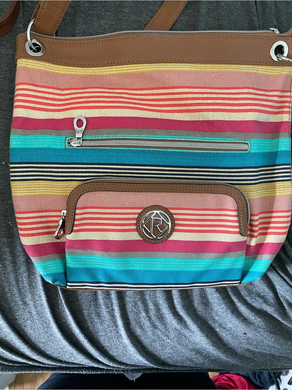 Relic Striped Multicolor Canvas Tote with Brown Trim